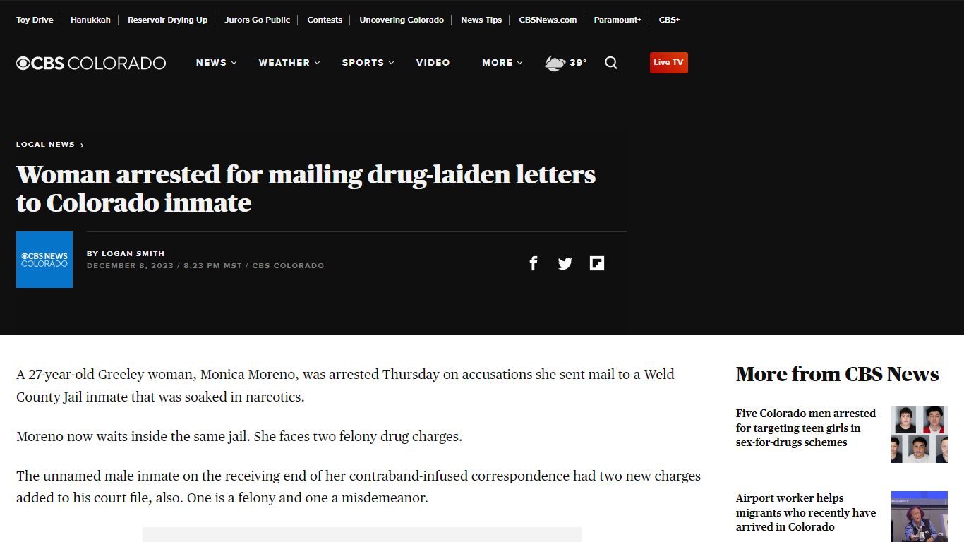 Woman arrested for mailing drug-laiden letters to Colorado inmate